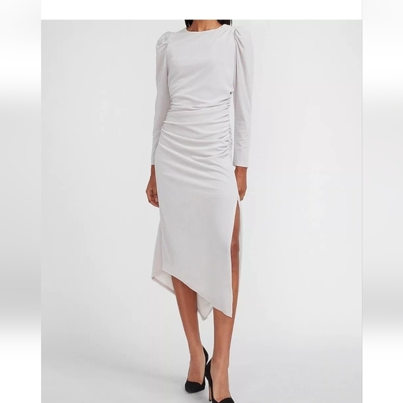 EXPRESS Velvet Ruched Side Asymmetrical Midi Dress S Grey $98 - Picture 2 of 10